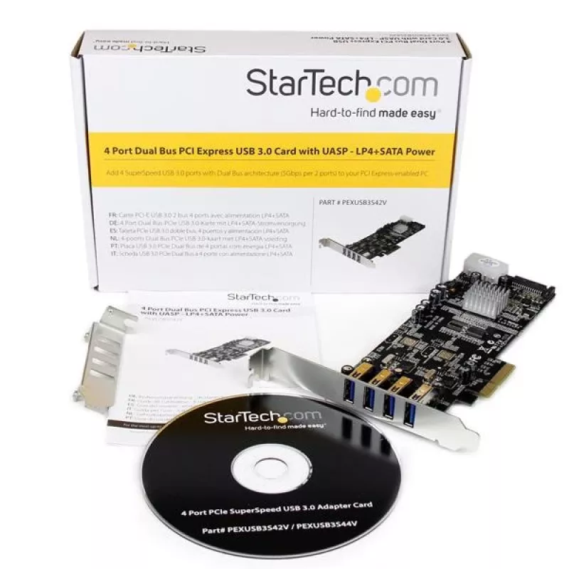 StarTech.com 4-portu PCI Express USB 3.0 karte, PCIe, USB 3.2 Gen 1 (3.1 Gen 1), pilna augstuma / zema profila, PCI 2.0, melna, nerūsējošais tērauds, 3 m