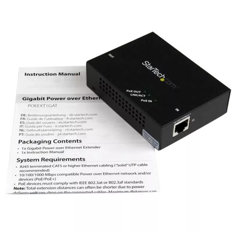 StarTech.com 1 porta Gigabit PoE+ pagarinātājs ar 802.3at un 802.3af, 100 m (330 pēdas)