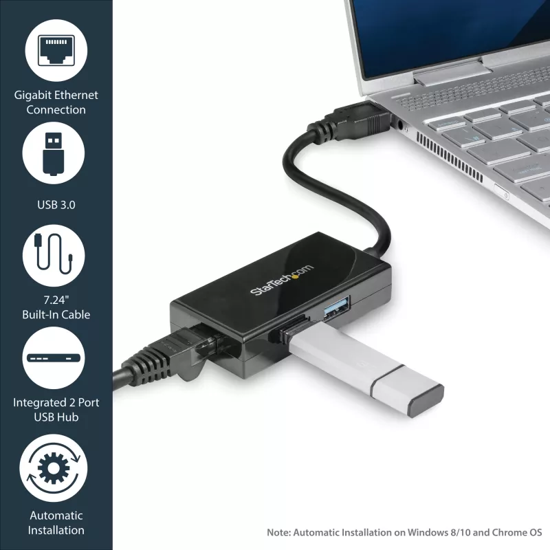 StarTech.com USB–Ethernet adapteris, USB 3.0 uz 10/100/1000 Gigabit Ethernet LAN pārveidotājs klēpjdatoriem, 11,8 collu/30 cm pievienots kabelis, USB–RJ45 adapteris, NIC adapteris, USB tīkla adapteris