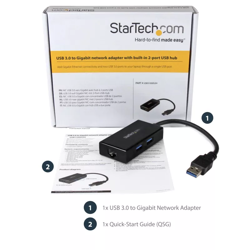 StarTech.com USB–Ethernet adapteris, USB 3.0 uz 10/100/1000 Gigabit Ethernet LAN pārveidotājs klēpjdatoriem, 11,8 collu/30 cm pievienots kabelis, USB–RJ45 adapteris, NIC adapteris, USB tīkla adapteris