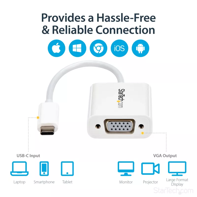 StarTech.com USB-C uz VGA adapteris - Balts, 3.2 Gen 1 (3.1 Gen 1), USB Type-C, VGA (D-Sub) izeja, 1920 x 1200 pikseļi