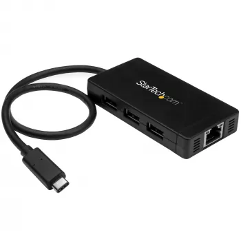 StarTech.com 3-portu USB 3.0 centrmezgls ar Gigabit Ethernet – USB-C – komplektā barošanas adapteris~3-portu USB-C centrmezgls ar Gigabit Ethernet – USB-C uz 3x USB-A – USB 3.0 (5 Gbps) – komplektā barošanas adapteris