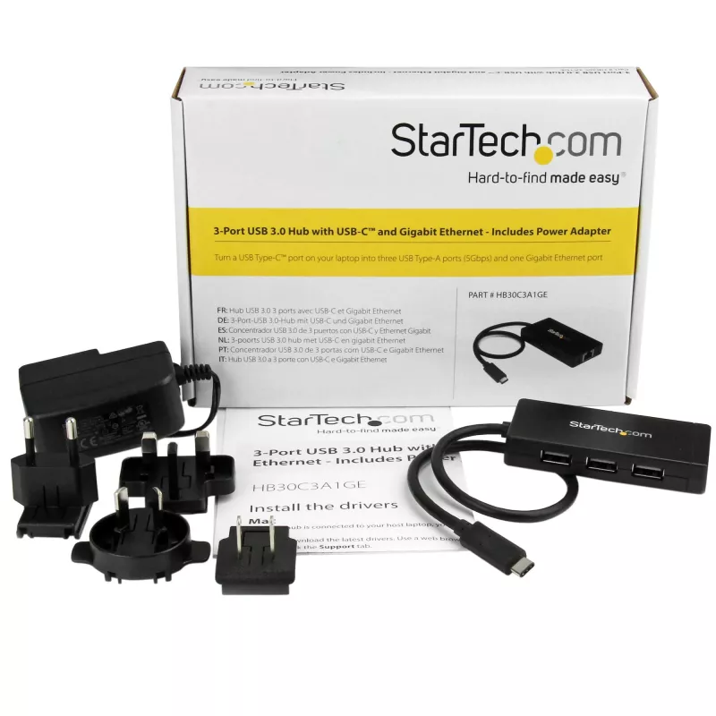 StarTech.com 3-portu USB 3.0 centrmezgls ar Gigabit Ethernet – USB-C – komplektā barošanas adapteris~3-portu USB-C centrmezgls ar Gigabit Ethernet – USB-C uz 3x USB-A – USB 3.0 (5 Gbps) – komplektā barošanas adapteris