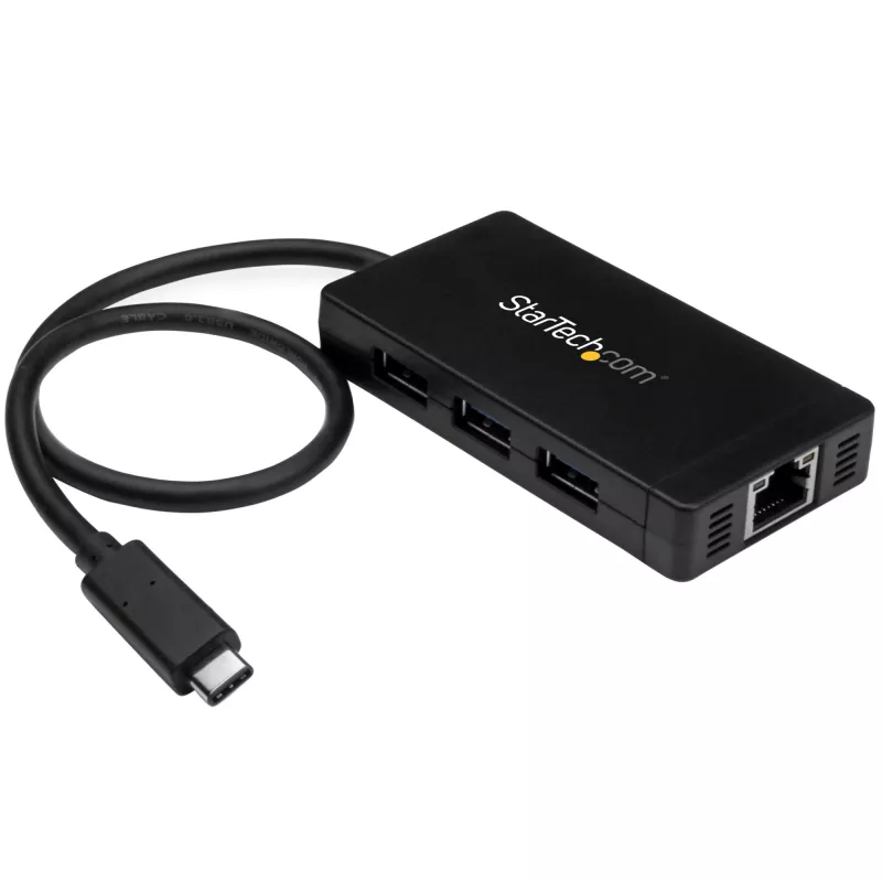 StarTech.com 3-portu USB 3.0 centrmezgls ar Gigabit Ethernet – USB-C – komplektā barošanas adapteris~3-portu USB-C centrmezgls ar Gigabit Ethernet – USB-C uz 3x USB-A – USB 3.0 (5 Gbps) – komplektā barošanas adapteris