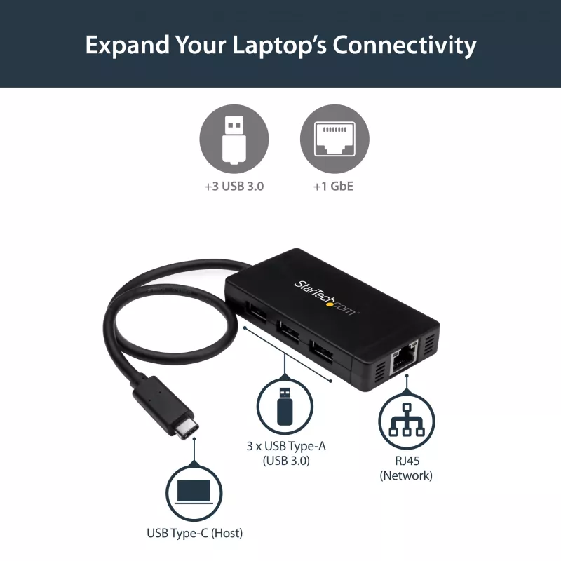 StarTech.com 3-portu USB 3.0 centrmezgls ar Gigabit Ethernet – USB-C – komplektā barošanas adapteris~3-portu USB-C centrmezgls ar Gigabit Ethernet – USB-C uz 3x USB-A – USB 3.0 (5 Gbps) – komplektā barošanas adapteris