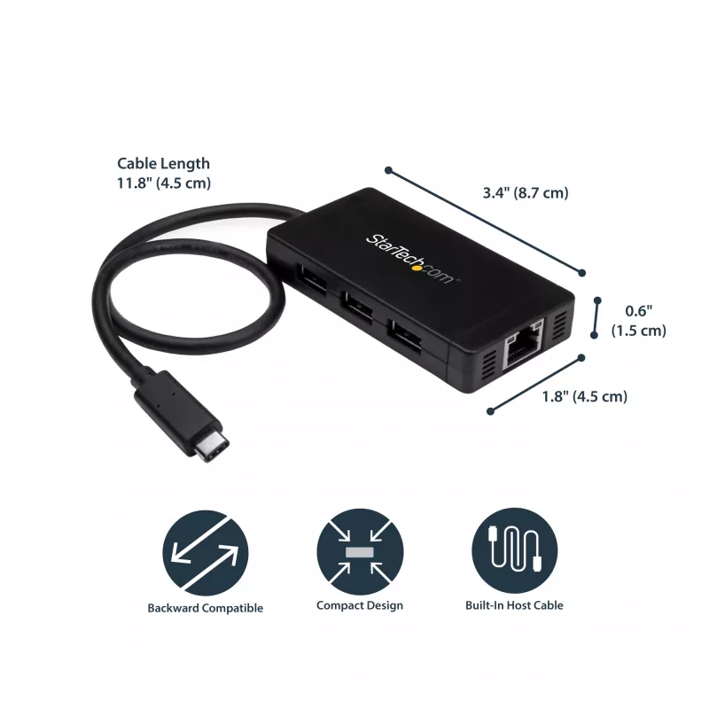 StarTech.com 3-portu USB 3.0 centrmezgls ar Gigabit Ethernet – USB-C – komplektā barošanas adapteris~3-portu USB-C centrmezgls ar Gigabit Ethernet – USB-C uz 3x USB-A – USB 3.0 (5 Gbps) – komplektā barošanas adapteris