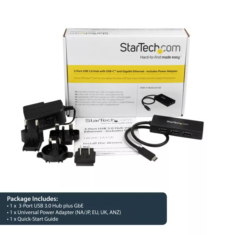 StarTech.com 3-portu USB 3.0 centrmezgls ar Gigabit Ethernet – USB-C – komplektā barošanas adapteris~3-portu USB-C centrmezgls ar Gigabit Ethernet – USB-C uz 3x USB-A – USB 3.0 (5 Gbps) – komplektā barošanas adapteris