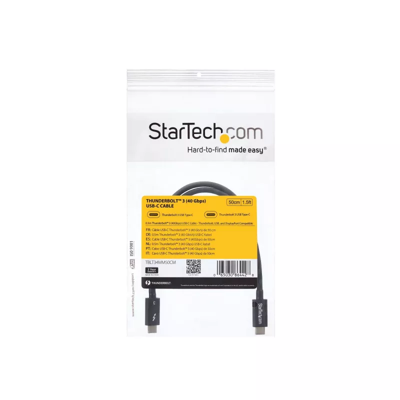 StarTech.com 0,5 m Thunderbolt 3 (40 Gbps) USB-C kabelis – saderīgs ar Thunderbolt, USB un DisplayPort