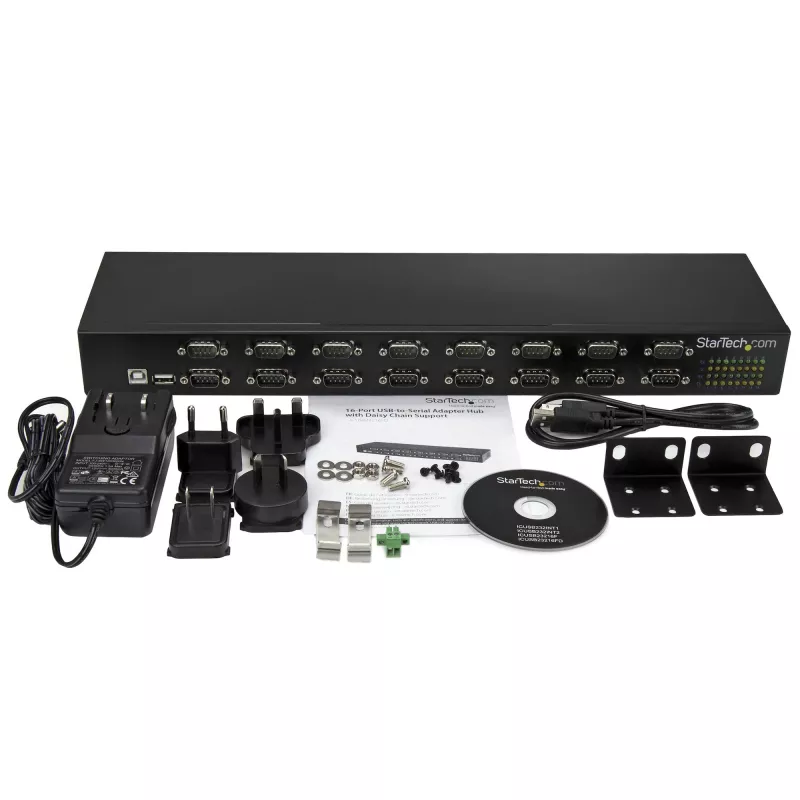 StarTech.com 16 portu USB–seriālā adaptera centrmezgls, USB 2.0 B tipa, seriālais, 480 Mbit/s, melns, tērauds, 36 W