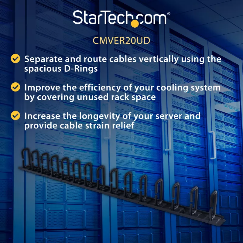 StarTech.com vertikālais kabeļu organizators ar D-veida gredzena āķiem – 0U – 2,8 pēdas