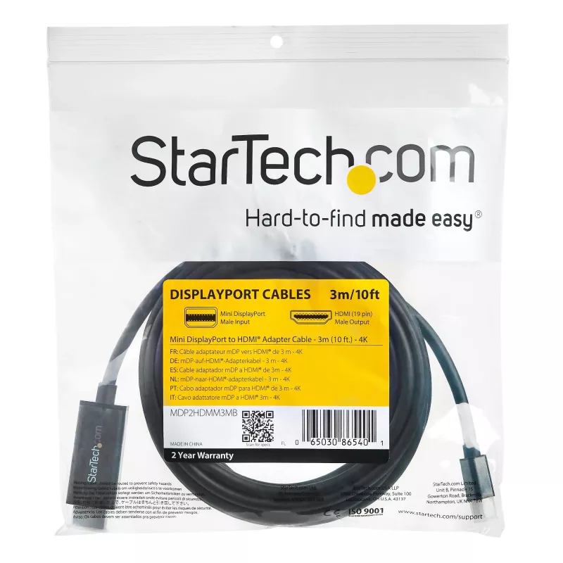 StarTech.com 10 pēdas (3 m) Mini DisplayPort uz HDMI kabelis - 4K 30 Hz video - mDP uz HDMI adaptera kabelis - Mini DP vai Thunderbolt 1/2 Mac/PC uz HDMI monitors/displejs - mDP uz HDMI pārveidotāja vads