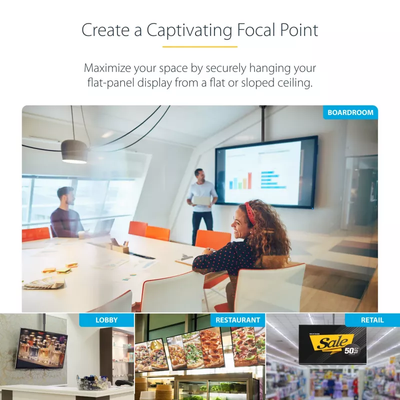 StarTech.com TV griestu stiprinājums - pilnas kustības universāls piekarams viena ekrāna stiprinājums ar regulējamu teleskopisko stabu - slīpums / grozīšana - VESA kronšteins 32 inch-75 inch displejiem