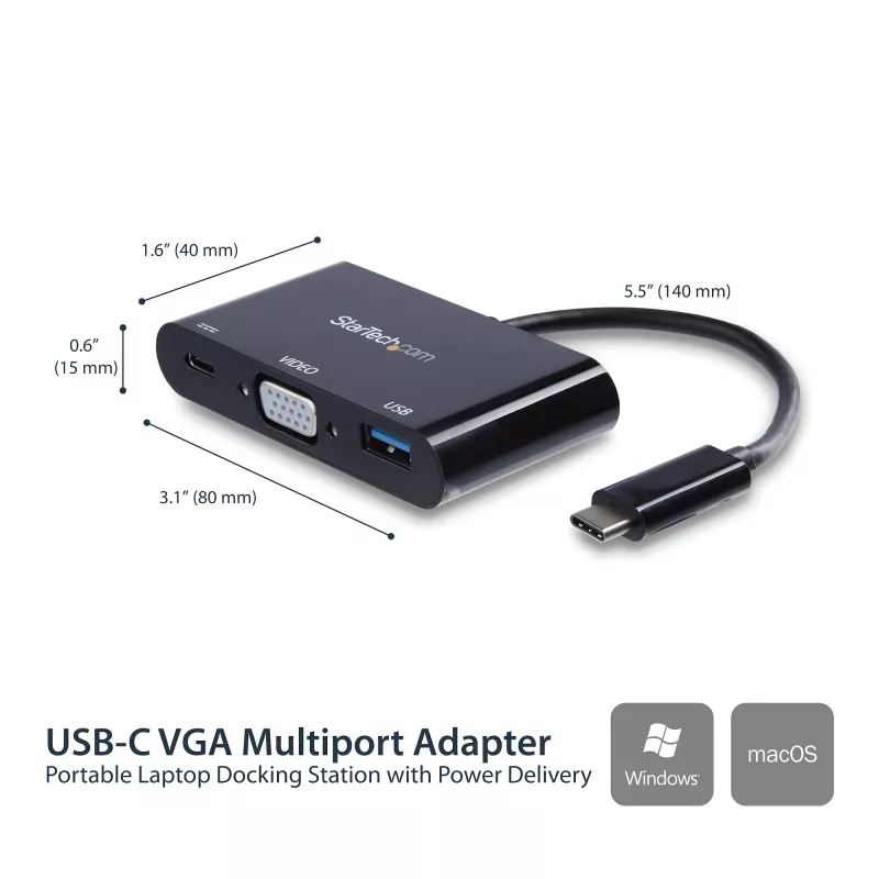 StarTech.com USB-C VGA daudzportu adapteris - USB 3.0 ports - 60W PD
