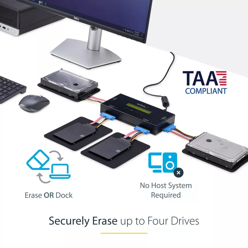 StarTech.com 4 nodalījumu SSD/HDD cieto disku dzēšanas ierīce - 2,5 collu un 3,5 collu SATA - bez resursdatora autonoma droša dzēšana ārējais disku sanitizētājs - 9 dzēšanas režīmi - RS232 printera ports - atbilst NIST/DOD un TAA