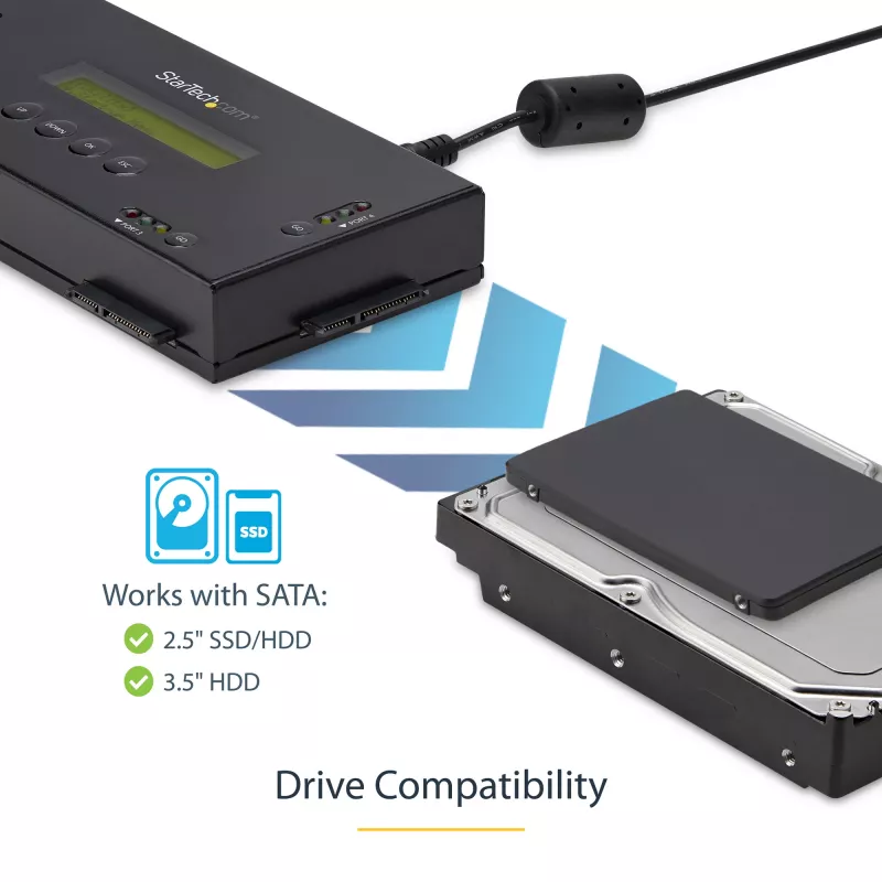 StarTech.com 4 nodalījumu SSD/HDD cieto disku dzēšanas ierīce - 2,5 collu un 3,5 collu SATA - bez resursdatora autonoma droša dzēšana ārējais disku sanitizētājs - 9 dzēšanas režīmi - RS232 printera ports - atbilst NIST/DOD un TAA