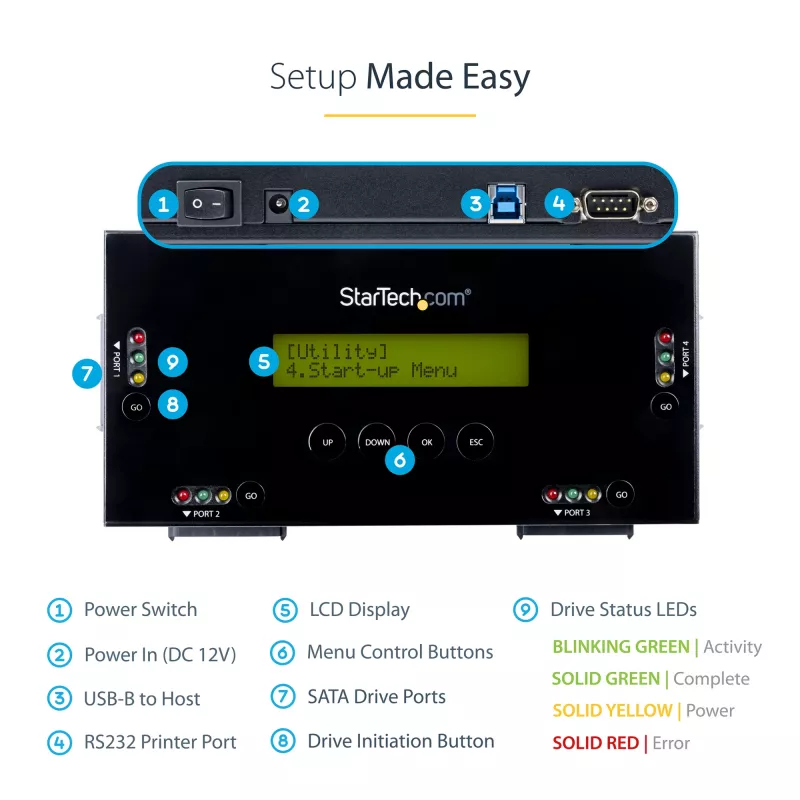 StarTech.com 4 nodalījumu SSD/HDD cieto disku dzēšanas ierīce - 2,5 collu un 3,5 collu SATA - bez resursdatora autonoma droša dzēšana ārējais disku sanitizētājs - 9 dzēšanas režīmi - RS232 printera ports - atbilst NIST/DOD un TAA