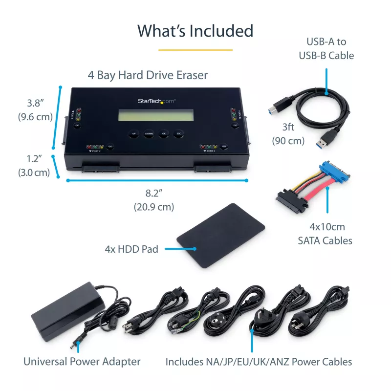 StarTech.com 4 nodalījumu SSD/HDD cieto disku dzēšanas ierīce - 2,5 collu un 3,5 collu SATA - bez resursdatora autonoma droša dzēšana ārējais disku sanitizētājs - 9 dzēšanas režīmi - RS232 printera ports - atbilst NIST/DOD un TAA