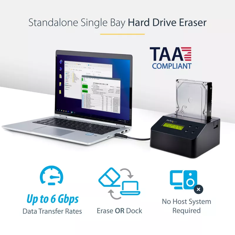 StarTech.com Single Bay Hard Drive Eraser, Standalone HDD/SSD Sanitizer, 4Kn, USB 3.0 to SATA III (6 Gbps), 9 Erase Modes, LCD Display, Secure Erase Hard Disk Sanitizer Dock, DB-9 Printer Port, TAA Compliant