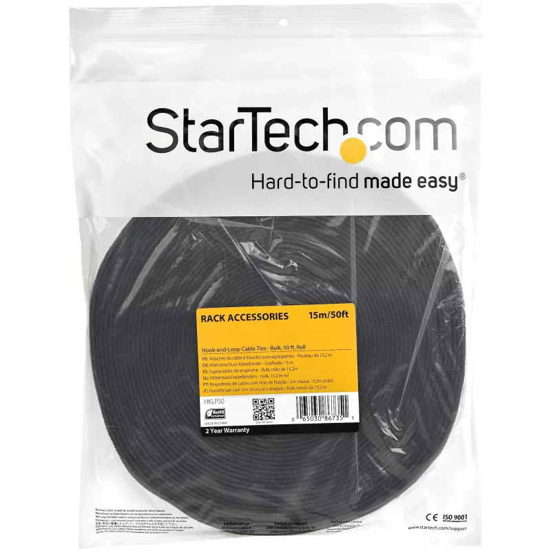 StarTech.com 50 pēdu āķa un cilpas rullis – Pēc izmēra griežamas atkārtoti lietojamas kabeļu saites – Lielapjoma rūpnieciskā stiepļu stiprinājuma lente / Regulējami auduma aptinumi Melns / Atkārtoti lietojamas pašsaķeres kabeļu pārvaldības siksnas
