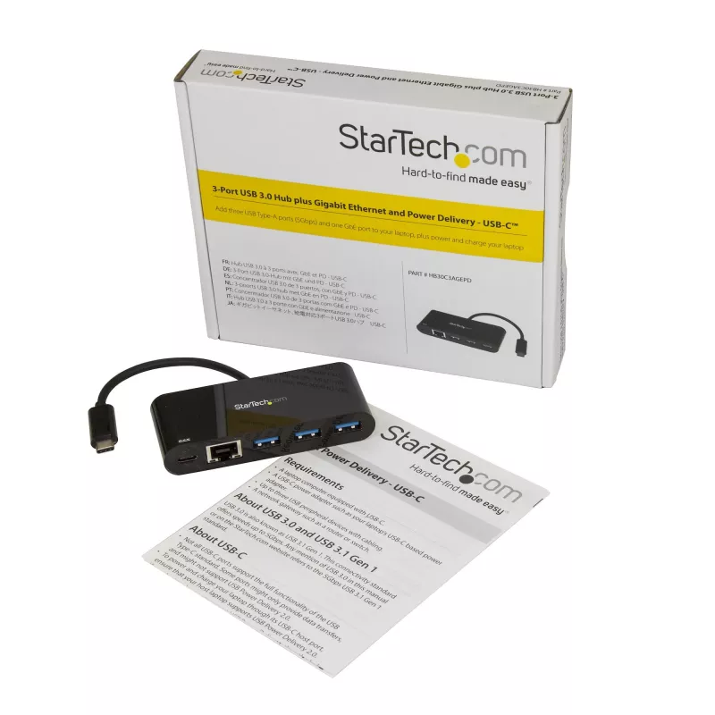 StarTech.com 3 portu USB-C centrmezgls ar Gigabit Ethernet un 60 W Power Delivery caurlaides klēpjdatora uzlādi — USB-C uz 3x USB-A (USB 3.0 SuperSpeed 5 Gbps) — USB 3.2 Gen 1 Type-C adaptera centrmezgls