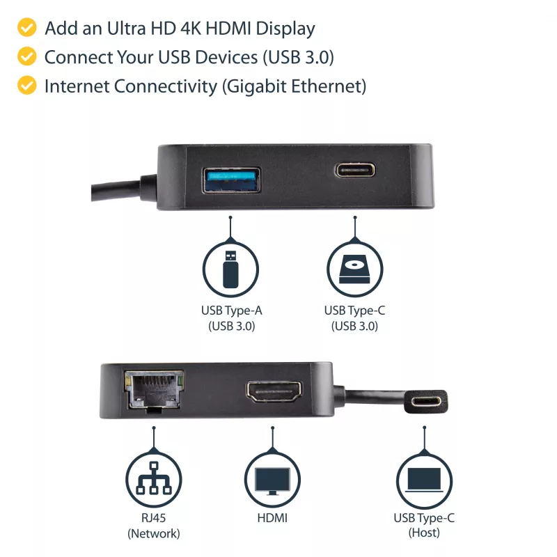 StarTech.com USB C daudzfunkciju adapteris - pārnēsājama USB-C mini dokstacija 4K HDMI video - Gigabit Ethernet, USB 3.0 centrmezgls (1x USB-A 1x USB-C) - USB Type-C daudzfunkciju adapteris - saderīgs ar Thunderbolt 3