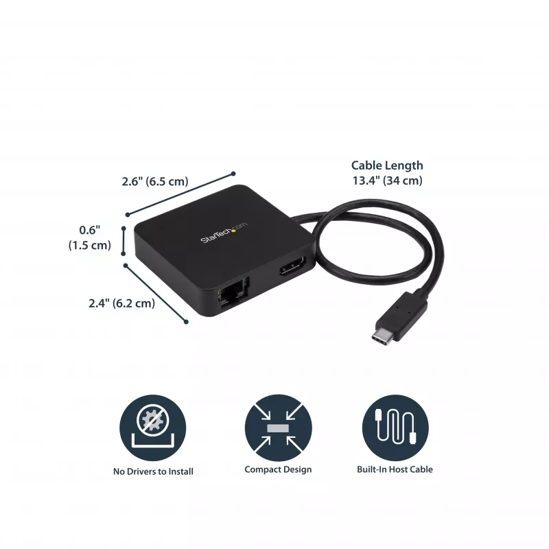 StarTech.com USB C daudzfunkciju adapteris - pārnēsājama USB-C mini dokstacija 4K HDMI video - Gigabit Ethernet, USB 3.0 centrmezgls (1x USB-A 1x USB-C) - USB Type-C daudzfunkciju adapteris - saderīgs ar Thunderbolt 3
