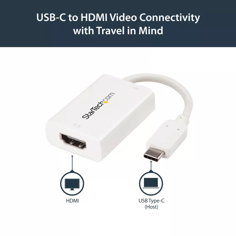 StarTech.com USB-C uz HDMI 2.0 adapteris ar strāvas piegādi - 4K 60 Hz USB Type-C uz HDMI displeja video pārveidotājs - 60 W PD caurlaides uzlādes pieslēgvieta - Thunderbolt 3 saderīgs - balts