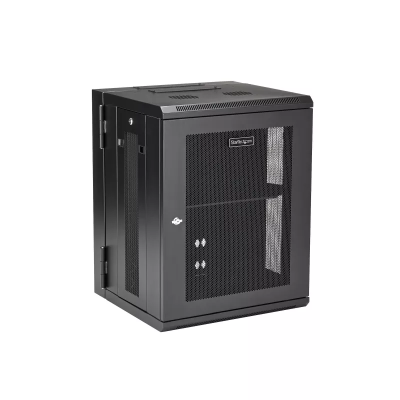 StarTech.com 4 statņu 15U sienas montāžas tīkla skapis ar 1U plauktu, 19 collu šarnīrveida sienas serveru statīvs datu/AV/elektronikas/datoru iekārtām, elastīgs ventilējams statīva korpuss