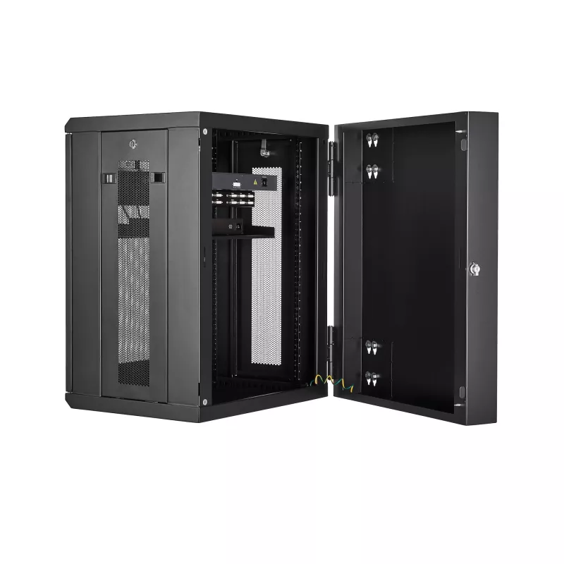 StarTech.com 4 statņu 15U sienas montāžas tīkla skapis ar 1U plauktu, 19 collu šarnīrveida sienas serveru statīvs datu/AV/elektronikas/datoru iekārtām, elastīgs ventilējams statīva korpuss