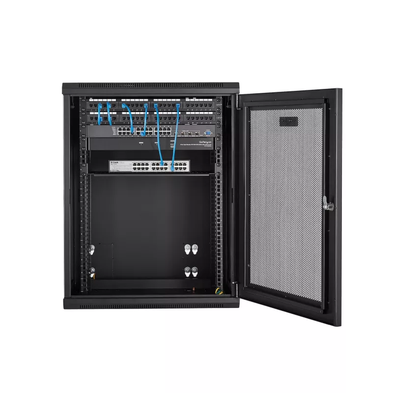 StarTech.com 4 statņu 15U sienas montāžas tīkla skapis ar 1U plauktu, 19 collu šarnīrveida sienas serveru statīvs datu/AV/elektronikas/datoru iekārtām, elastīgs ventilējams statīva korpuss