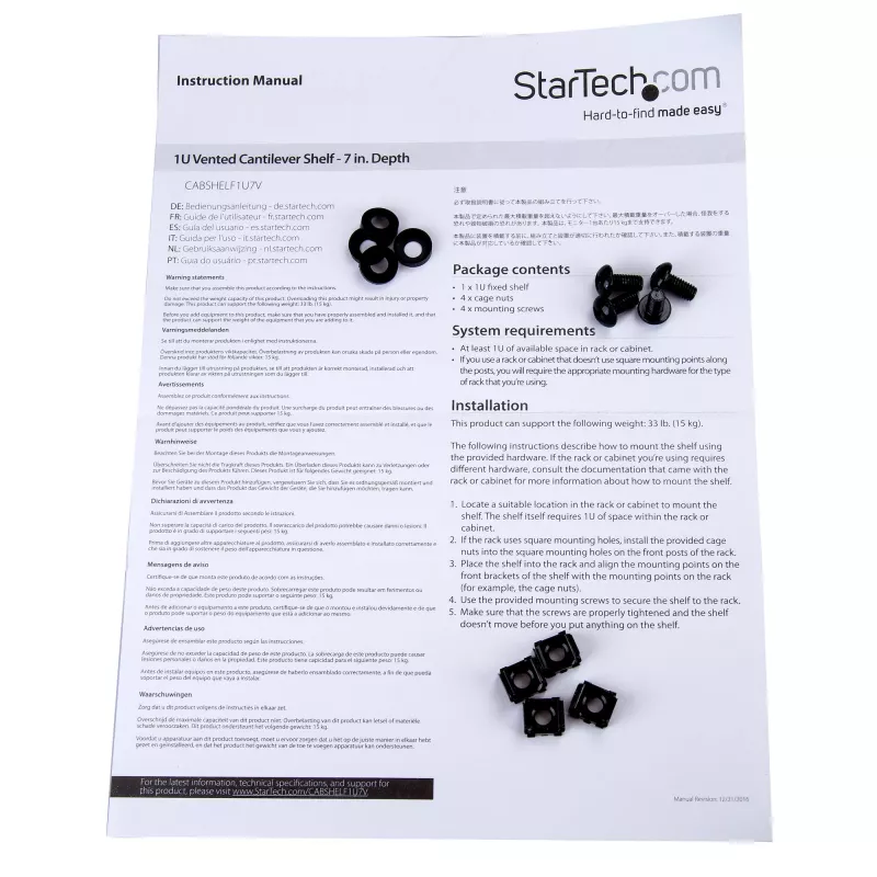 StarTech.com 1U servera plaukts - Universāla ventilējama statīva stiprinājuma konsoles paplāte 19 collu tīkla iekārtu statīvam un skapim - Lielas slodzes tērauds – Kravnesība 44lb/20kg - 7 collu dziļš plaukts, melns