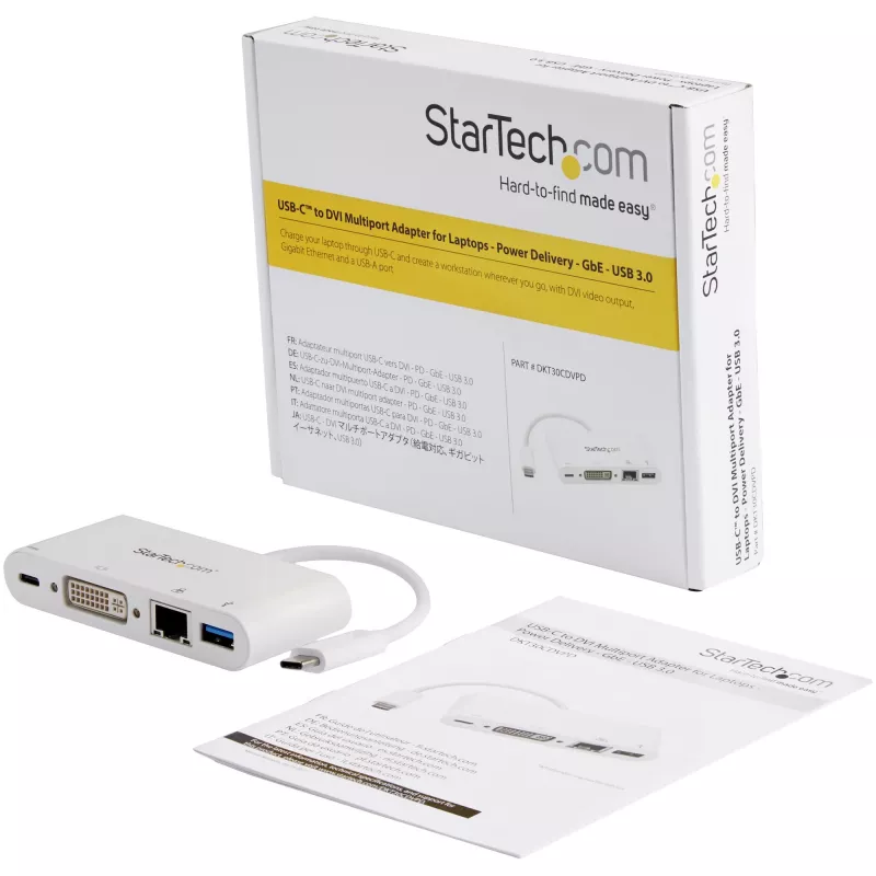 StarTech.com USB C daudzportu adapteris – USB-C uz DVI-D (digitālais) video adapteris ar 60 W Power Delivery caurlaides uzlādi, GbE, USB-A – pārnēsājama USB Type-C/Thunderbolt 3 mini klēpjdatora dokstacija
