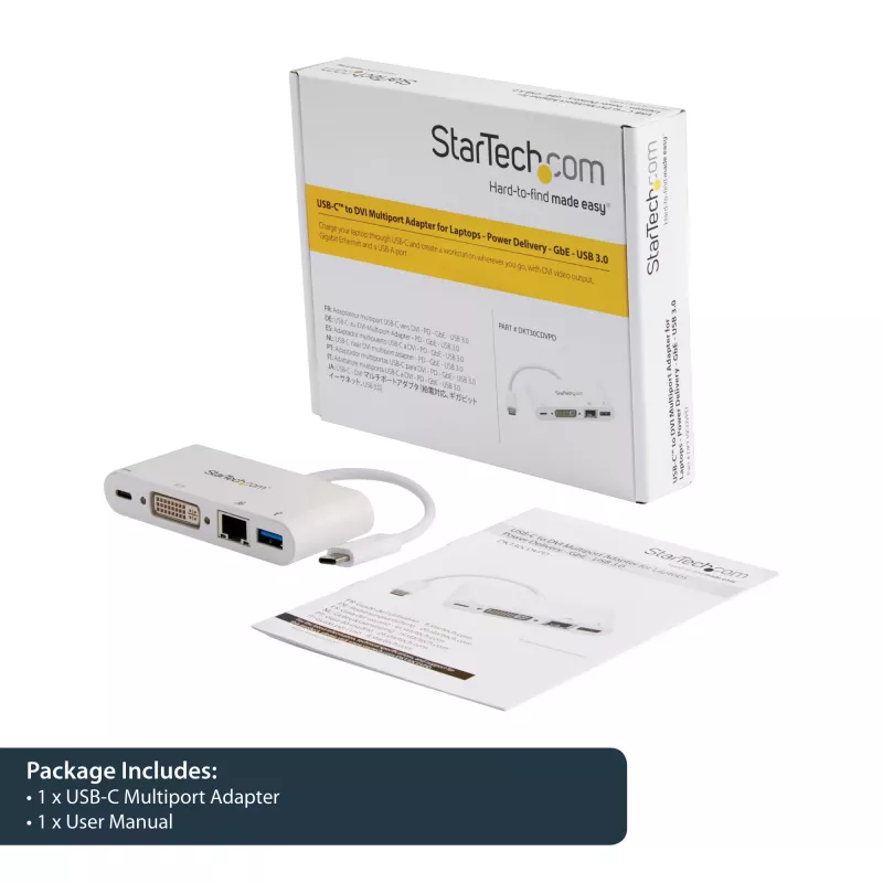 StarTech.com USB C daudzportu adapteris – USB-C uz DVI-D (digitālais) video adapteris ar 60 W Power Delivery caurlaides uzlādi, GbE, USB-A – pārnēsājama USB Type-C/Thunderbolt 3 mini klēpjdatora dokstacija