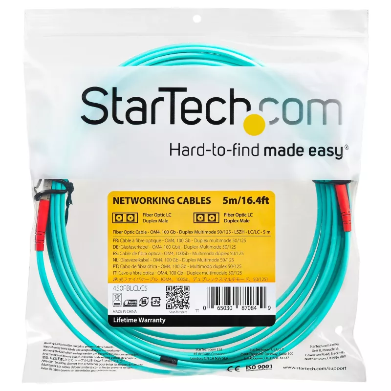 StarTech.com 5 m (16,4 pēdas) LC/UPC uz LC/UPC OM4 daudzmodu optiskās šķiedras kabelis, 50/125 µm LOMMF/VCSEL zipcord šķiedra, 100G, zemi ievades zudumi — LSZH šķiedras pārejas vads
