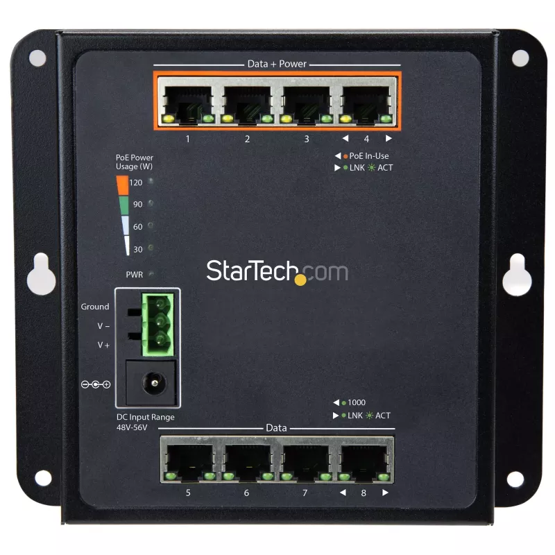 StarTech.com Industrial 8 Port Gigabit PoE Switch - 4 x PoE+ 30W - Power Over Ethernet - Hardened GbE Layer/L2 Managed Switch - Rugged High Power Gigabit tīkls Switch IP-30/-40C to +75C - TAA