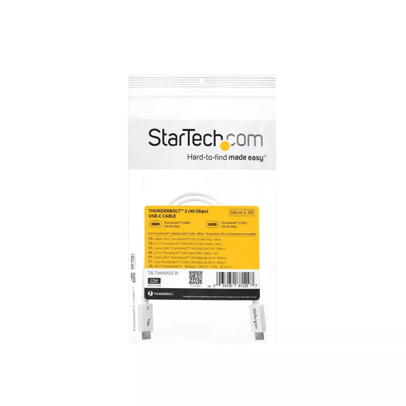 StarTech.com Thunderbolt 3 kabelis - 40Gbps - 0.5m - Balts - Savietojams ar Thunderbolt, USB un DisplayPort