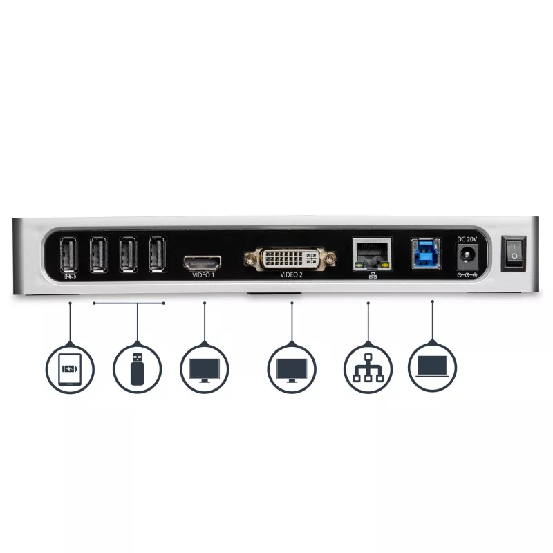 StarTech.com USB 3.0 dokstacija - klēpjdatora dokstacija ar divu monitoru atbalstu, HDMI un DVI/VGA video - 6-portu USB 3.1 Gen 1 5 Gbps centrmezgls, GbE, audio - universāla A tipa dokstacija - Windows un Mac