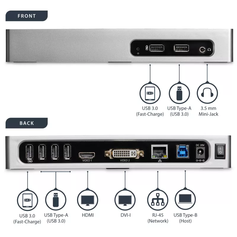 StarTech.com USB 3.0 dokstacija - klēpjdatora dokstacija ar divu monitoru atbalstu, HDMI un DVI/VGA video - 6-portu USB 3.1 Gen 1 5 Gbps centrmezgls, GbE, audio - universāla A tipa dokstacija - Windows un Mac