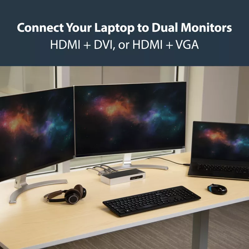 StarTech.com USB 3.0 dokstacija - klēpjdatora dokstacija ar divu monitoru atbalstu, HDMI un DVI/VGA video - 6-portu USB 3.1 Gen 1 5 Gbps centrmezgls, GbE, audio - universāla A tipa dokstacija - Windows un Mac