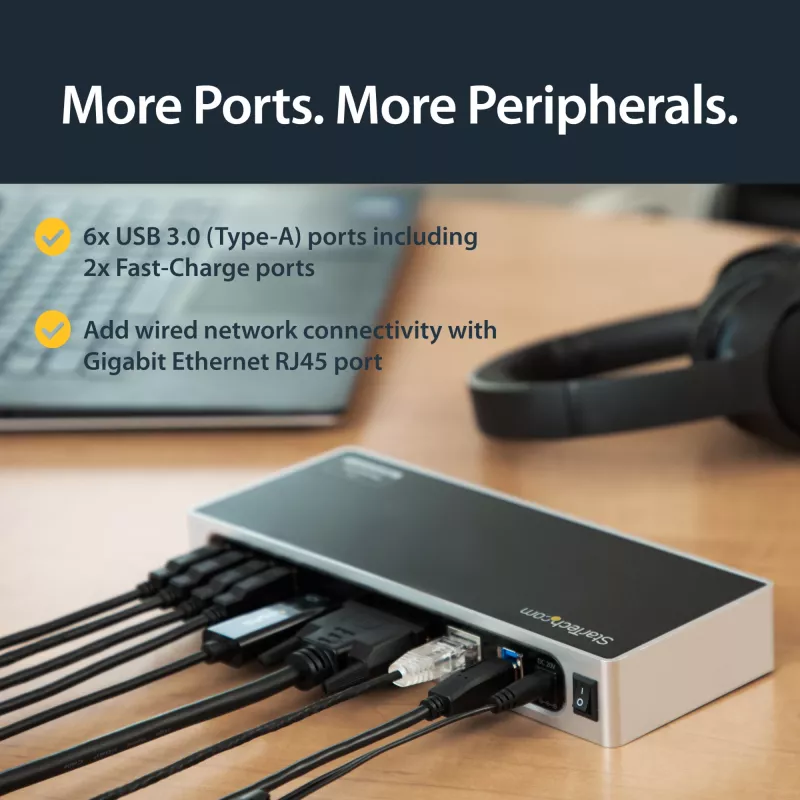 StarTech.com USB 3.0 dokstacija - klēpjdatora dokstacija ar divu monitoru atbalstu, HDMI un DVI/VGA video - 6-portu USB 3.1 Gen 1 5 Gbps centrmezgls, GbE, audio - universāla A tipa dokstacija - Windows un Mac