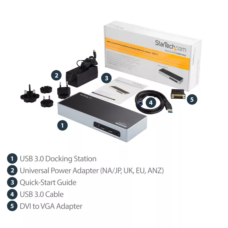 StarTech.com USB 3.0 dokstacija - klēpjdatora dokstacija ar divu monitoru atbalstu, HDMI un DVI/VGA video - 6-portu USB 3.1 Gen 1 5 Gbps centrmezgls, GbE, audio - universāla A tipa dokstacija - Windows un Mac