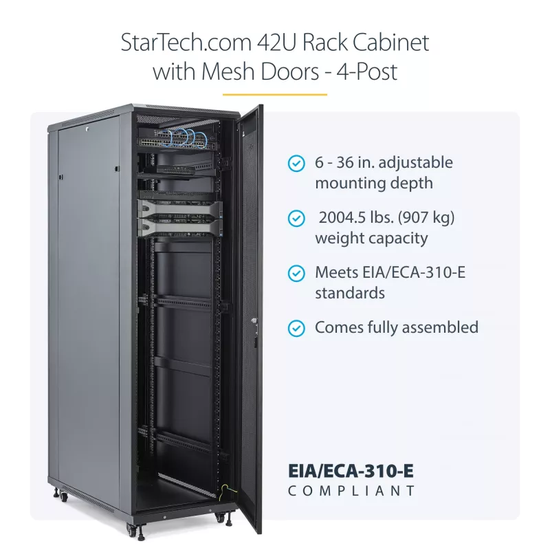 StarTech.com 4-stabu 42U serveru statīva skapis, 19 collu datu korpusa skapis datoru / AV / IT aprīkojuma montāžai, serveru korpusa skapis ar ritentiņiem, pilna izmēra rūpnieciska tīkla glabātuve