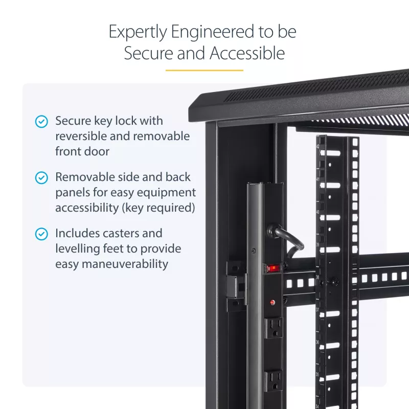 StarTech.com 4-stabu 42U serveru statīva skapis, 19 collu datu korpusa skapis datoru / AV / IT aprīkojuma montāžai, serveru korpusa skapis ar ritentiņiem, pilna izmēra rūpnieciska tīkla glabātuve
