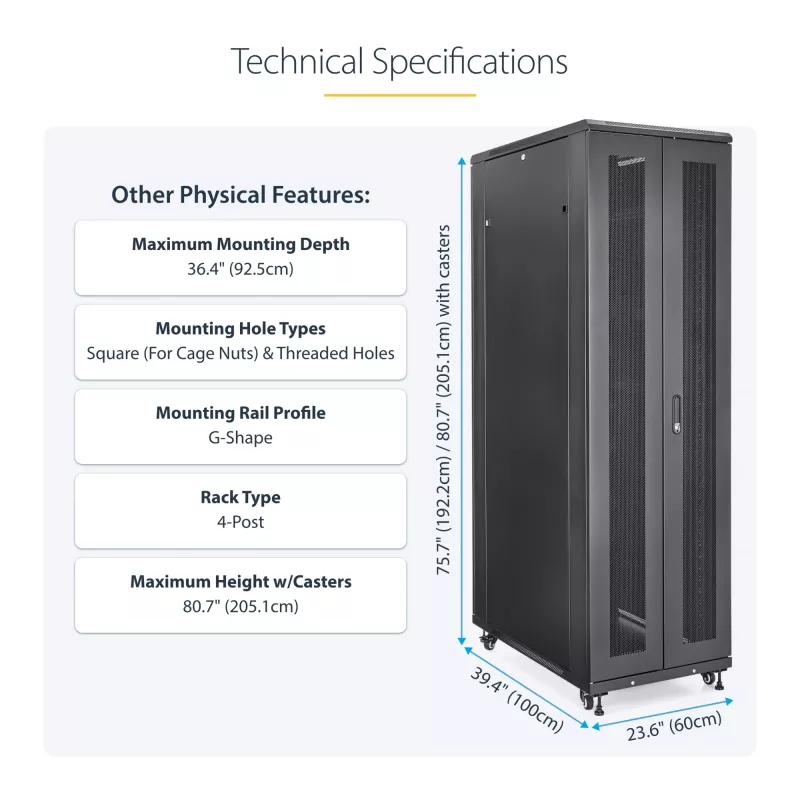 StarTech.com 4-stabu 42U serveru statīva skapis, 19 collu datu korpusa skapis datoru / AV / IT aprīkojuma montāžai, serveru korpusa skapis ar ritentiņiem, pilna izmēra rūpnieciska tīkla glabātuve