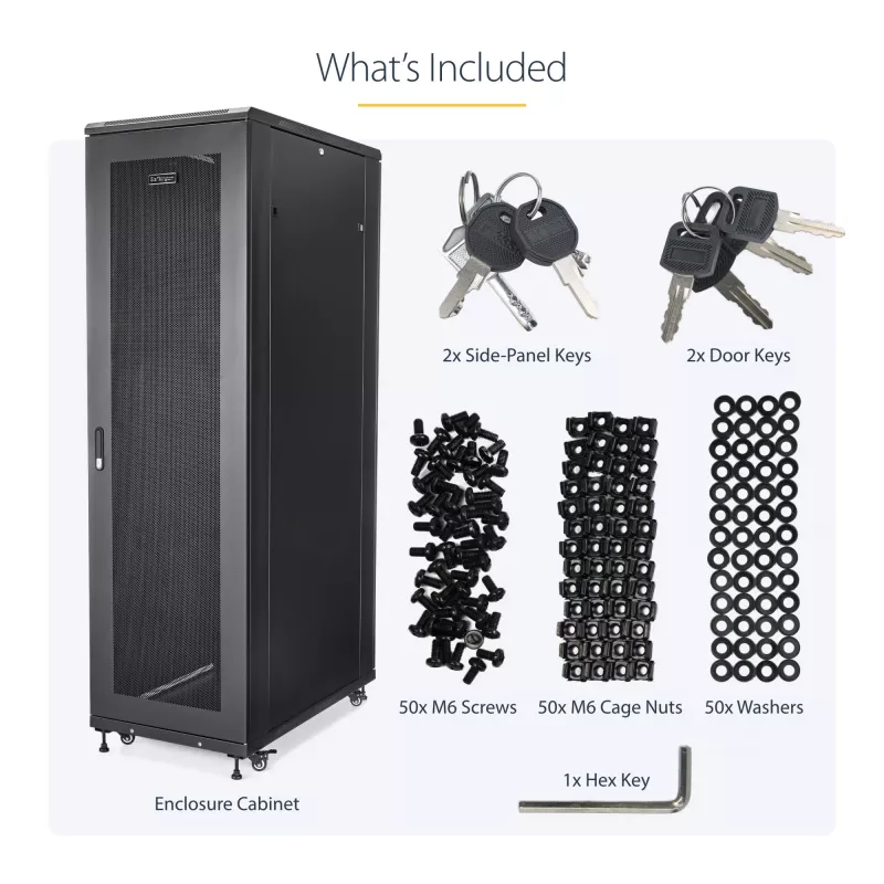 StarTech.com 4-stabu 42U serveru statīva skapis, 19 collu datu korpusa skapis datoru / AV / IT aprīkojuma montāžai, serveru korpusa skapis ar ritentiņiem, pilna izmēra rūpnieciska tīkla glabātuve