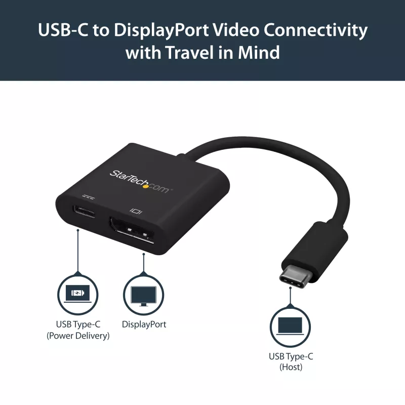 StarTech.com USB C–DisplayPort adapteris ar jaudas piegādi – 4K 60 Hz HBR2 – USB Type-C uz DP 1.2 monitora video pārveidotājs ar uzlādi – 60 W PD caurlaide – Thunderbolt 3 savietojams