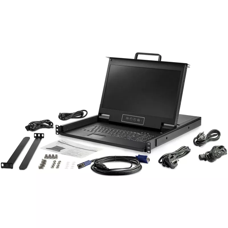 StarTech.com statīvā montējama KVM konsole HD 1080p — viena porta VGA KVM ar 17 collu LCD monitoru serveru statīvam — pilnībā aprīkota 1U LCD KVM izvelkamā plate ar kabeļiem un aparatūru — USB atbalsts — 50 000 stundas MTBF