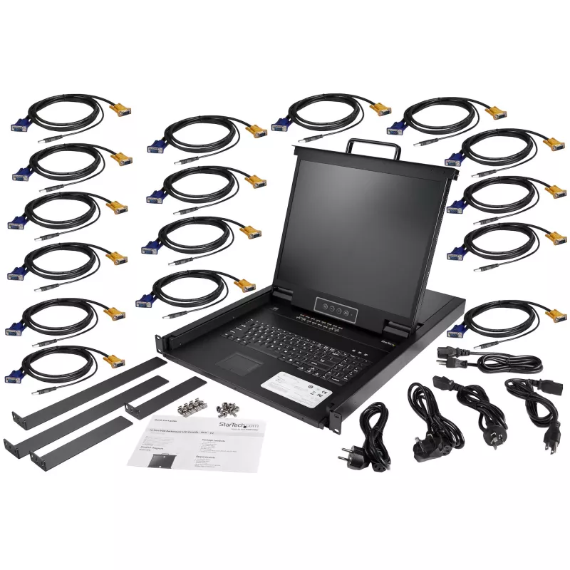 StarTech.com 16 portu statņu montāžas KVM konsole ar 1,8 m kabeļiem – integrēts KVM slēdzis ar 19 collu LCD monitoru – pilnībā aprīkota 1U LCD KVM izvelkamā sistēma – OSD KVM – izturīgs 50 000 MTBF – USB + VGA atbalsts