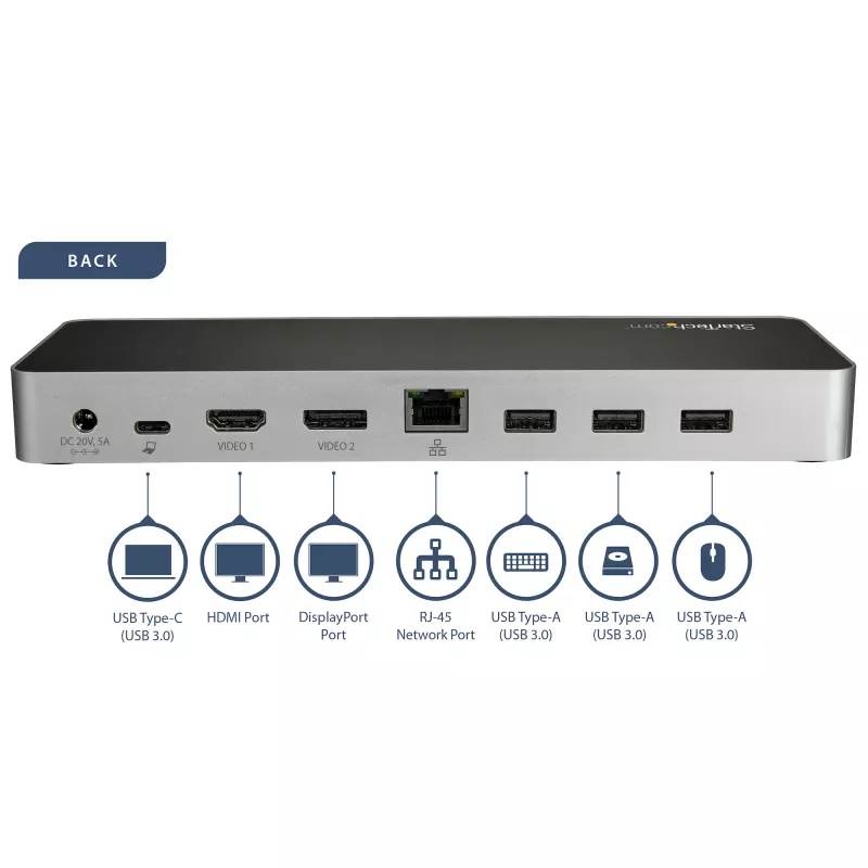 StarTech.com USB-C dokstacija - dubulto monitoru HDMI un DisplayPort 4K 30Hz - USB Type-C klēpjdatora dokstacija ar 60W strāvas padevi, SD, 4 portu USB-A 3.0 centrālmaza, GbE, audio - Thunderbolt 3 saderīga