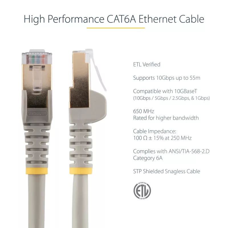 StarTech.com 0,50 m CAT6a Ethernet kabelis - 10 Gigabit ekranēts nesaaķējams RJ45 100 W PoE ielāpu vads - 10GbE STP tīkla kabelis ar spriegojuma samazinājumu - pelēks, individuāli testēts/vadi ir UL sertificēti/TIA